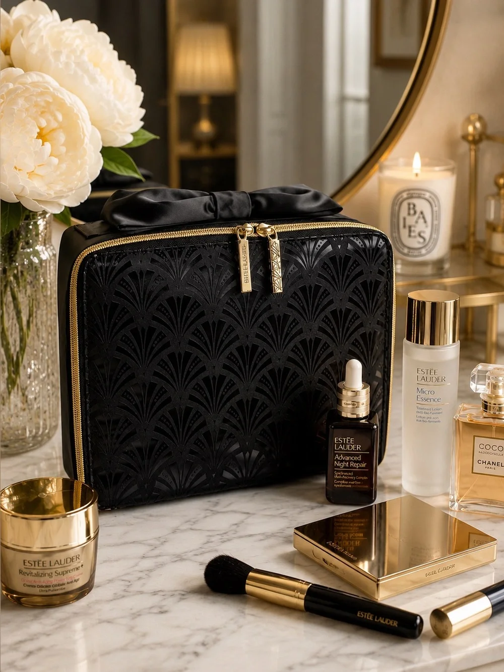 ESTEE LAUDER Art Deco Bow Travel Cosmetic Case Makeup Train Case Black Gold